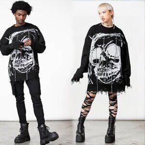 Killstar ✦ Ruined Relic Knit Sweater ✦ Black Skull Graphic Distressed Gothic XXL
